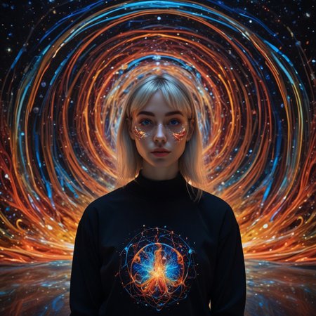 t-shirt, night, blonde hair, girl , RAW, photo, source_photo, highly quality, 8k, she stand at a small stage floor, overlooking an infinite cosmic rave., BREAK, The floating alien island beneath the stage is dotted with glowing star crystals that shimmer in different colors. Her eyes look contemplative as she sips a vibrant cosmic drink, colorful liquid matching her luminous jewelry. The view of stars and swirling galaxies and light trails in the background gives a dreamy feel to this moment. BREAK, glow circuit patterns, style of Light painting, eye focus, gloves, glowing eyes,blacklight makeup, black light paint, blp, made out of,colorful,liquid,Murano Art Glass