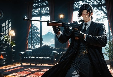 score_9,score_8_up,score_7_up,
((((solo)))), (1boy), (night scene),
standing, (((cowboy shot:1.4), 
<lora:Itachi_Uchiha_naruto_pony:1.0>,itachi uchiwa, black hair, bangs, (parted bangs), low ponytail, medium hair, red eyes, broad shoulders, muscular,
pb clothing, black necktie, black gloves, vest, black long coat, white shirt, pants, collared shirt, suit, <lora:PeakyblindersClothingILL:0.7>,
(indoors), DarkAcademia, sky, tree, window, plant, curtains, couch, wooden floor, lamp, cushion, carpet, rug, red fireplace,
holding thompson submachine gun, tmmygn, aiming at viewer,  action pose , <lora:Thompson_Submachine_Gun_-_1928_SDXL:0.9>,concentration line, dynamic pose, speed, eps, epic, dynamic,<lora:se_v1_epic_style:0.9>, 
<lora:iLLMythG0thicL1nes:0.3>, G0thicL1nes,
stern look, closed mouth,  
best quality, high resolution, distinct image, Cinematic light, intricate_detail, highres, official art, high-resolution illustration, 8k, Dynamic Range, tonemapping, crisp details, extremely detailed CG unity 8k wallpaper, deviantart hd, artstation hd, concept art, award-winning photography, margins,backlight, 12k, ray tracing, intense gaze, cinematic lighting, art by Grzegorz Rutkowski, masterwork, masterpiece, ultra sharp, super sharp, film grain,
<lora:Dramatic Lighting Slider:4.85>, chiaroscuro, <lora:AddMicroDetails_Illustrious:0.3>, addmicrodetails, <<lora:reij-rt:0.1> ,