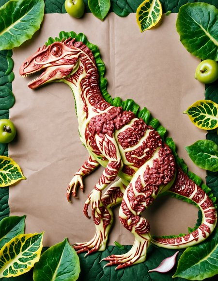 velociraptor made of (wagyu), dinosaur, dorsal crest, jungle foliage, ral-sld, brown background,