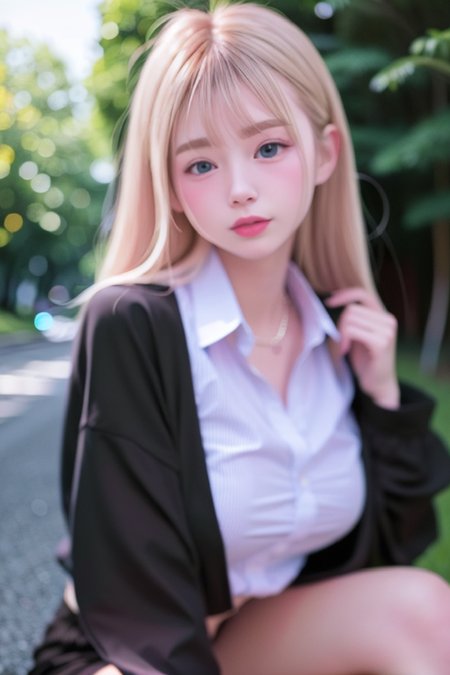best quality, white skin, real human skin, detailed face, oval face, bang, ultra high res, (8k, RAW photo, photorealistic:1.4), 1girl, slim, Long blonde hair, (looking at viewer with a serene and goddess-like happiness:1.2), ( lipgloss, eyelashes, gloss-face, best quality, ultra highres, Broad lighting, natural shading), oversized jacket, black shirt,  <lora: EastAsiaDollLikeness_V4:1>