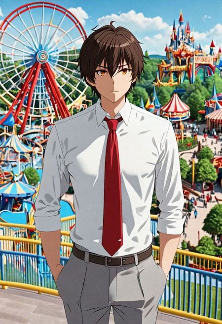 Highres, Masterpiece, High Quality, 4K, 8K, solo, 1Boy, Seiya Kanie, short dark brown hair, golden eyes, white dress shirt, red armband, manager, red tie, gray pants, theme park, easynegative, detailed_eye_model