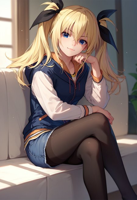 score_9, score_8_up, score_7_up, 1girl,   HinaCasual, blue eyes, blonde hair, twintails, black  hair ribbon, black hoodie, denim shorts, pantyhose, white shirt, sitting, crossed legs, looking at viewer,   <lora:Arimura 10 DORA 3:1>