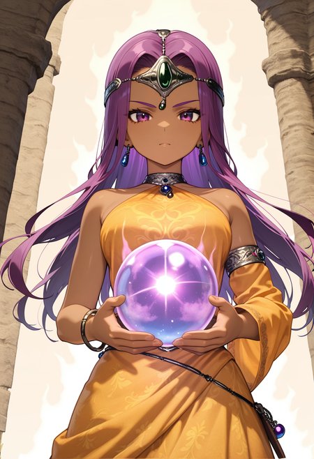 masterpiece, best quality, very aesthetic, absurdres, 1girl, solo,
<lora:dqh2_meena_v01:0.8>, dqh2_meena, purple hair, long hair, purple eyes, dark-skinned female,
circlet, earrings, jewelry, yellow dress, bare shoulders, single detached sleeve, single armlet, single bracelet, crystal ball, holding, aura