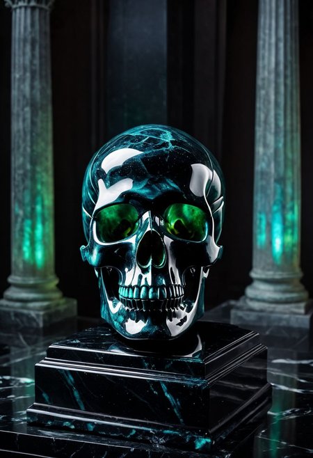 Fujifilm XT3, Sony A7 IV, (award winning photography) a black marble skull made of opal set on a pedestal in temple, glistening. in the background beautiful pillars, divine (iridescent: 0.79), opalescent textures, volumetric light, ethereal, sparkling, studio photo, highly detailed, sharp focus (highest quality: 1.39) (highest coherency: 1.39) (award winning photography), highly detailed photography, (muted colors, cinematic, dim colors, soothing tones:1.2), vibrant, insanely detailed, hyperdetailed, (dark shot:1.2), (vsco:0.3), (intricate details:0.9), (hdr, hyperdetailed:1.2) (vignette), sss