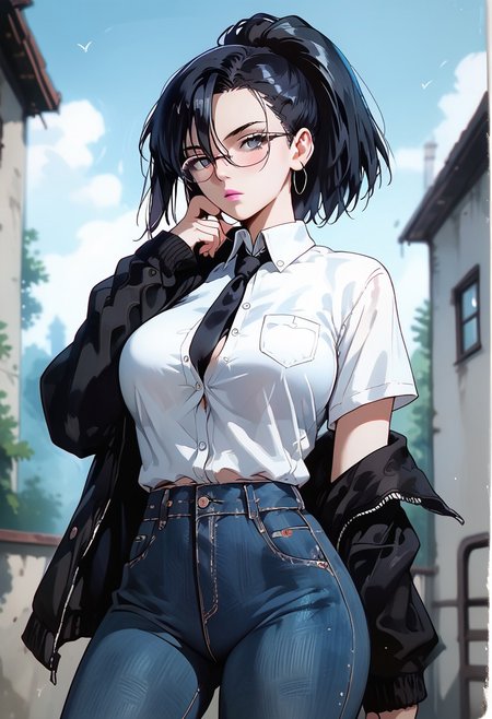 (score_9, score_8_up, score_7_up),  melkor_style,
score_9, score_8_up, score_7_up, score_6_up, score_5_up, score_4_up, source_anime, high detailed, high quality, masterpiece, source_anime, high detailed, high quality, masterpiece, 1 girl, 1 boy, couple, romantic couple, straight, hetero, heterosexual, (1 boy, black eyes, black hair, hair between eyes, short hair, school uniform, frame glasses, button down shirt, tie, jacket, houdie, open jacket, blue eyes, jeans), (1 girl, yaoyorozu momo, long hair, bangs, black hair, ponytail, black eyes, high ponytail, wide ponytail, pink lips, big breasts, school uniform, button down shirt, cleavage, pleated skirt, pantyhose), looking at viewer, low angle, background room, cowboy shot, anime screencap, watercolor \(medium\), traditional media, neon.