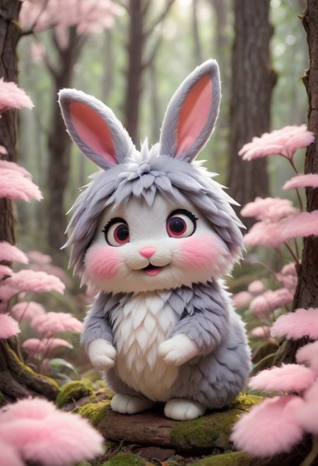 source_anime, Cute wonderful creatures, Microphotography, chibi, cute  fluffy rabbits ,pink and grey, in a dreamy forest, ispzxll, In a felt puppet world style,