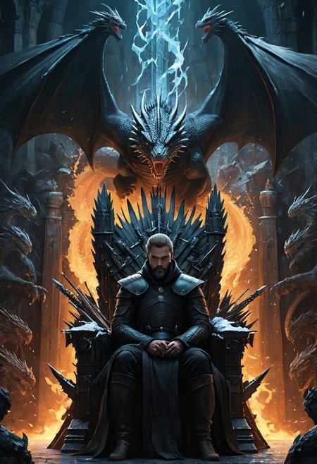very long shot, (dragon:1.3), 1man, dragon standing behind man,  old man with a black hood, black robe , sitting on a throne, throne of swords, thousand swords throne, Game of Thrones, dragon looming over,  epic fantasy character art, concept art, fantasy art, (ice swirling:1.3), (fire swirling), ((best quality)), ((masterpiece)), detailed soft oil painting, detailed background, dramatic cinematic lighting, soft edge lighting, professional, ultra quality, 4k, extremely detailed, Game of Thrones style