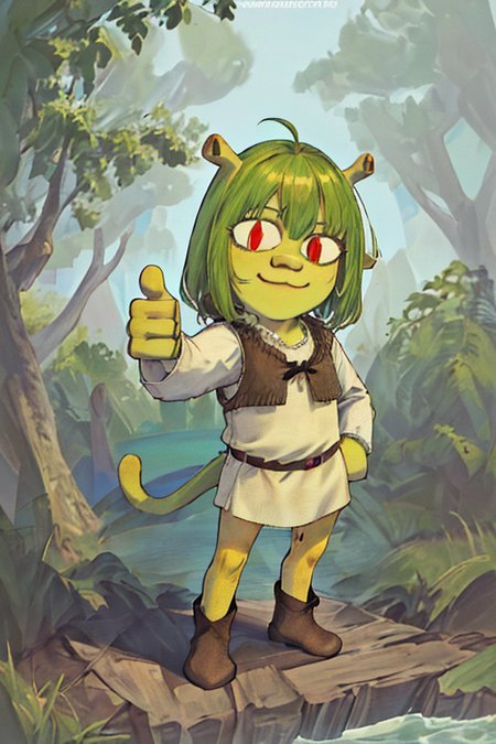 <lora:necoArcCharacters_necoArcv3final:1>masterpiece illustration of shrk as (1girl, full body, :3, shrek ears, chibi, meme, neco-arc,  cat girl, cat tail, solo, slit pupils, brown vest, red eyes, green hair, tan tunic, brown boots, thumbs up, no pants, ) <lora:shrekDiffusionLora_swamp10:1.3>, standing in a swamp