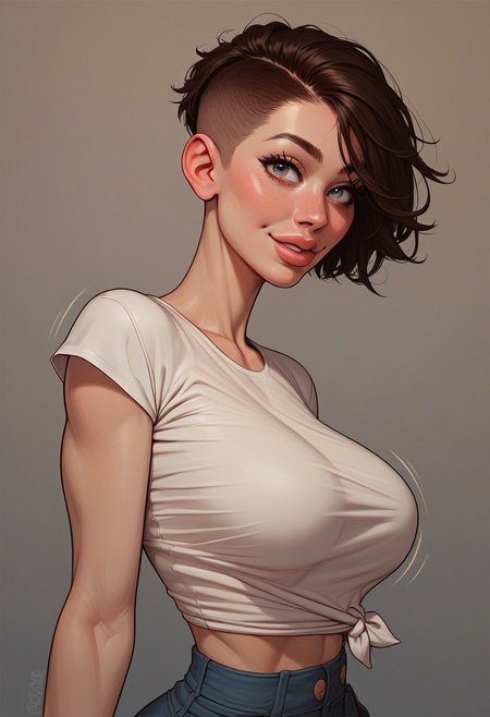 score_9, score_8_up, score_7_up, 1girl, solo, sideview, Beautiful Girl, perfect body, ultra high quality, high cheekbones, sexy, full lips, volumetric lighting, seductive, huge eyes, motion lines, covered breasts, narrow waist, standing, eye contact, upper body shot, athletic, slender, skinny cute girl, brunette hair, pixie cut, pale skin,  looking at viewer, fully clothed, walking, smiling, white t-shirt