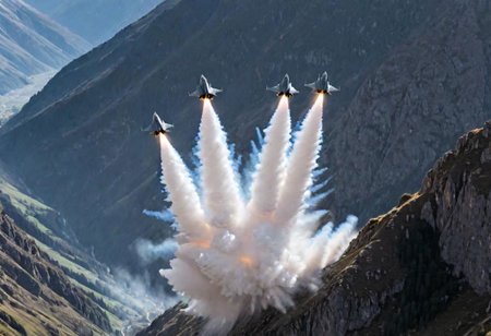 (Pilots flying the Euro Fighter jets between  mountains), (displaying the low level flying capabilities of the Euro Fighter jets), hitting amazing speeds as the tilt and wind through the  valleys and canyons, (view from side of euro fighter jets), (launching missiles with a stream of white vapors with flames), (a true display of military might power), (motion scenes), (pain staking attention to fine details of the jets) ,4k, surreal, (epic photography),