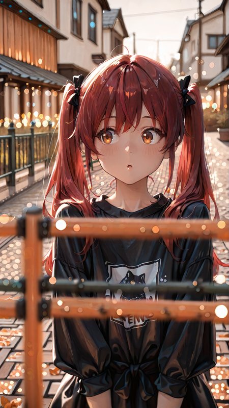 masterpiece, newest,absurdres,incredibly absurdres, best quality, amazing quality, very aesthetic, 
1girl, depth of field, blurry foreground, bokeh, modern town, orange trees, fences, red hair, twintails, long hair, curious, 
 <lora:re4lity:1> re4lity_sync_illu