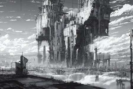 ((masterpiece)), ((best quality))1girl, Empty, ruins, huge scenes, sky, metal, machines, machinery ，Black and white, comic style, shabby landscape, heavy black and white, <lora:Blame!:1>