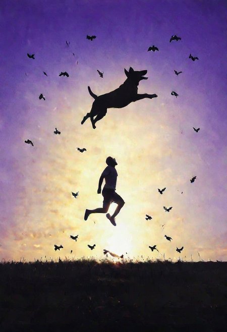 F-B-C, silhouette, foreground: dog head mouth open, background: man jumping, effect: man jumping into the dog's mouth