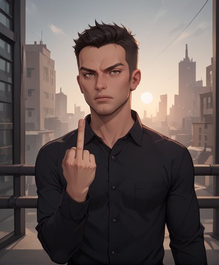 score_9, score_8_up, score_7_up, A frustrated young man giving the middle finger, standing in front of a cityscape <lora:middleFinger:1> ,  <lora:sinfully_stylish_SDKL:0.5> dark dramatic lighting, shadows,