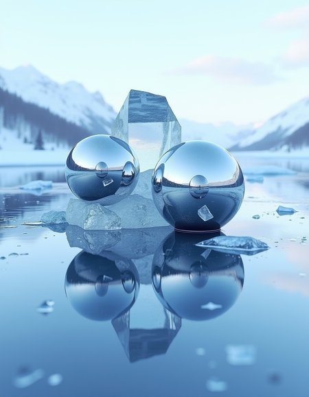 this is formed mercury mirrored spheres embedded in quartz formation in a frozen lake with crystal ice, magnificent abstract modern polarity