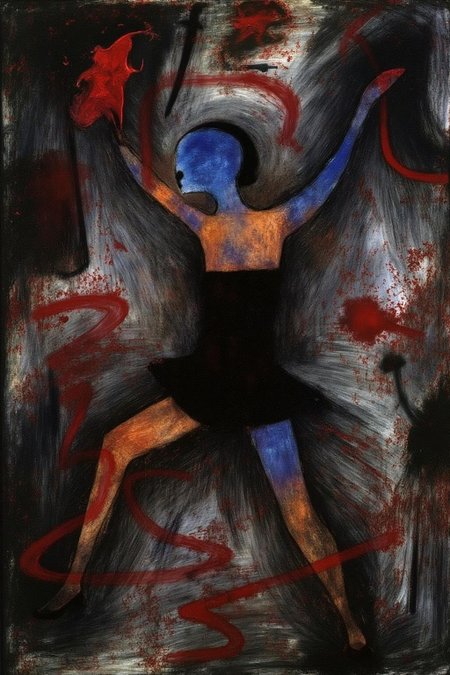 paulklee1 painting. Chenu1. chenu1 illustration.
A dancer in a dynamic pose, wearing a minimalist black outfit. Her body is illuminated with a blend of blue and warm tones, contrasting against a chaotic and abstract background of bold, sweeping strokes in black, white, and deep red. Red splatters and sharp, curving lines add energy and tension to the composition, creating a balance between elegance and raw, expressive movement.  <lora:paulklee1_cap_d8a4e12:1.0><lora:839870912166770966:0>