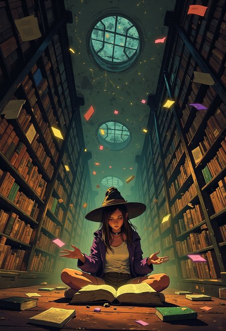 A quiet, dimly lit library that seems to stretch endlessly in all directions, with towering bookshelves filled with ancient, leather-bound tomes and delicate, dust-covered volumes. Soft, golden light filters down from high, arched windows, casting long, warm beams across the rows of books, illuminating tiny particles of dust that float lazily in the air. At the centre of the scene, a young witch girl sits cross-legged on the wooden floor, wearing witch  hat, brown shorts, roll out shorts, white shirt, untucked shirt, dark purple jacket. Her hair falls loosely over her shoulders as she leans forward, deeply absorbed in a thick, weathered book that lies open on her lap. The faint glow from the pages reflects onto her face, giving her an almost ethereal radiance, as if the book itself holds some kind of hidden magic. Surrounding her, books begin to float gently off the shelves, hovering in mid-air as though curious about her presence. Each book emits a soft, colorful glow one in shades of emerald green, another in twilight purple, and others in warm, golden hues casting a gentle, shifting light across the room. The soft sound of fluttering pages fills the air, blending with the faint echoes of whispered voices from forgotten stories. High above, faint constellations appear on the domed ceiling, shifting slowly as if the library exists under an stars night sky. The atmosphere is one of quiet wonder,