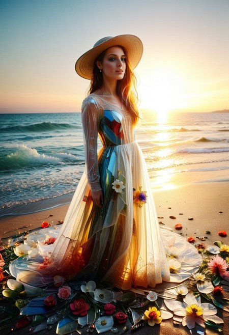 glass shard, (anatomically correct:1.7), photo, photo_realistic, realistic, scenery, (outdoors:1.2), dramatic makeup, (large summer hat:1.3), (sunset:1.4), (red sky:1.2), beach, photorealistic, cinematic, flowers, photorealism, cinematic lighting, (fully dressed:2), Cantarella, long hair, purple hair, earrings, blue eyes, white dress. tall, boots.