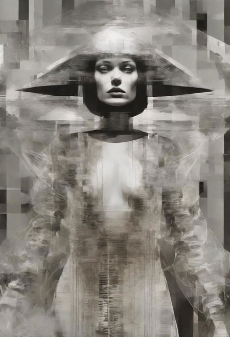 Monochrome black and white, Giger, Beksinski, Zawadzky, Dali, Magritte, Delvaux, Bellmer, Malevitch, Rodchenko, Mondrian, Kandinsky, Popovna, psychedelic hallucination, pop surrealism, rough crosshatch drawing pop art Lunatic_Portrait of a young woman in latex Avant-garde Fashion page, slick back, low bun, black makeup, sinister expression, intense glare, avant-garde, abstract, weird, geometric, constructivism, suprematism, rayonism, verticism, lineism, tj