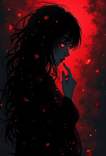 anime, niji, illustration, Eric Madigan Heck animals style, Expressive painting in dynamics and emotionality. The anime art is a stylized portrait of a woman with ethereal black and red fog surrounding her body. The mysterious hidden face of the girl,silk veil with many intricately flowing threads of light on the black background,The mist creates a dramatic and surreal effect. The woman has a cold aesthetic that is complemented by her black hair. Anime art of a woman draped in shadow, with lighting that emphasizes her unique features. Background - dark red zentangle fog, holding her finger to her lips, woman hissing, swirling particles, outline of glowing snow, abstract graphics, outline of epic eyes formed by burning diamond dust, sci-fi concept art, silhouette of space