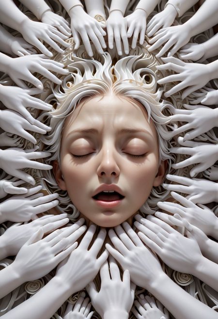 (masterpiece, best quality, high resolution), white hands emerging from a singularity, sleeping face, many hands, vortex, intricate detail, 8k, hdr
