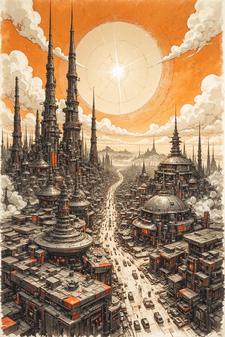 A bold inkplash-meets-watercolor wash artwork, expertly painted on rice paper using rich sepia, burnt henna, and ink-black hues. an advanced sci-fi cityscape, with gleaming towers and skyscrapers, clear sky