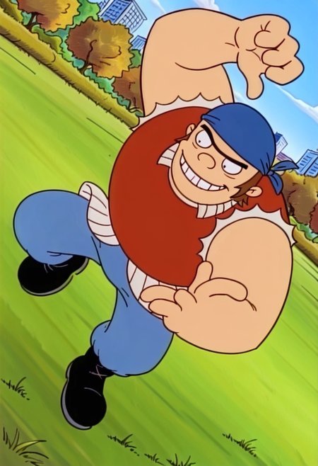source_cartoon, score_9, score_8_up, score_7_up, High Quality, perfect body, torvald, 1boy, solo, blue bandana, brown hair, black eyes, unibrow, thick eyebrow, big body, muscular body, shirtless, ripped jeans, blue pants, black boots, park, blue sky, grass, simple style, dynamic pose, dynamic view, dynamic Angle, smile,.
