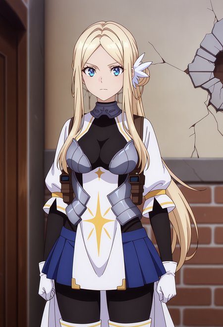 anime screencap, masterpiece, best quality,
<lora:YamiHealer_Krishna_IlluXL:0.9>,
1girl, solo, closed mouth,
low ponytail, single side bun, parted bangs, long hair, blonde hair, blue eyes, hair ornament,
metal collar, black bodysuit, white dress, breastplate, holster, white gloves, miniskirt, pleated skirt, blue skirt, white overskirt, black pantyhose, white thighhighs,
standing, looking at viewer, cowboy shot,
indoors, brick wall, cracked wall, brown background, blurry background