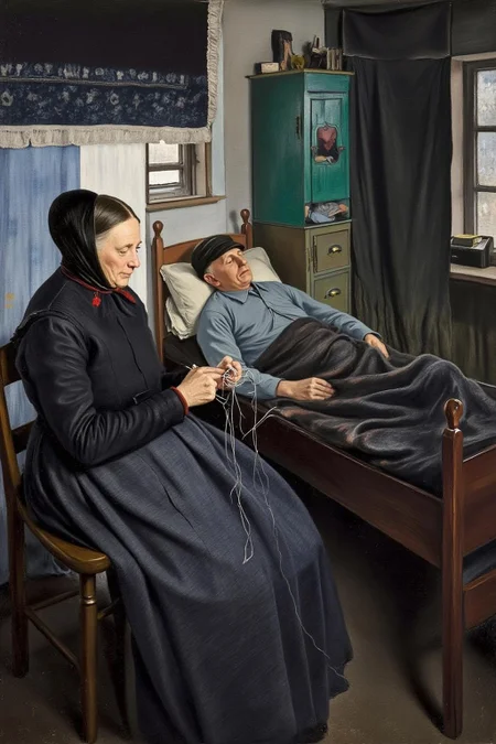 lauritsandersenring1 painting. On the left is an elderly woman sitting on a wooden chair, knitting with a needle and yarn. She wears a dark blue dress with a red collar. An elderly man lies on a wooden bed, dressed in a light blue shirt and a cap, wrapped in a blanket. The room has a small window, a green cupboard, lace curtains, and a tapestry on the wall. <lora:lauritsandersenring1_cap_d8a4e13:1.0><lora:857021015065137764:0>