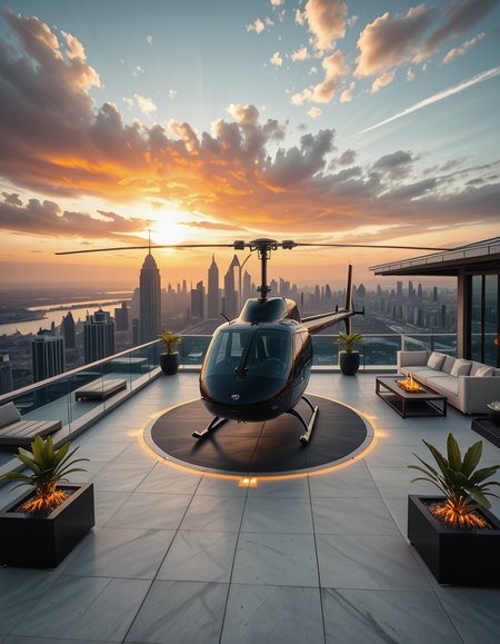 A high-resolution photo of a luxurious rooftop of a five-star hotel at sunset, featuring a sleek helipad with a high-end, matte-black private helicopter elegantly parked. The rooftop is designed with ultra-modern architecture, featuring a spacious terrace with infinity-edge glass railings, ambient lighting, and a panoramic city skyline in the background. The surface of the helipad is clean, polished concrete with clear illuminated markings. Surrounding the helipad, there are lounge areas with modern outdoor furniture, minimalist fire pits, and decorative planters with tropical greenery. The lighting is warm and golden, casting soft shadows and highlighting the contours of the helicopter and the textures of the rooftop. The sky is dramatic, painted with hues of orange, pink, and violet, creating a cinematic atmosphere of luxury and exclusivity. The overall mood is elite, calm, and aspirational, showcasing the ultimate in urban luxury lifestyle.
<lora:SDXLFaeTastic2400:0.4> <lora:extremely_detailed:0.4> extremely detailed,helipad r00ft0p <lora:helipad_r00ft0p-i:1>, Masterpiece,best quality,hi res,8k,hi res,8k,award winning,(sharp focus, intricate, highly detailed),