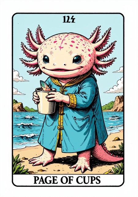 axolotl, a tarot card in the style of ck-tc featuring, A tarot card with the text "Page of Cups," an axolotl holding a cup with a fish poking out, standing on the shore, waves, a blue tunic.<lora:ck-tarot-000015.safetensors:1.0:1.0> <lora:Axomodel_Flux_V1.1.safetensors:1:1>