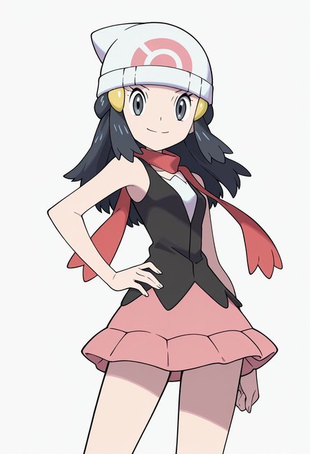 PokeStyleMix, Masterpiece, high quality, flat colors, anime screenshot, anime screencap, 1girl, solo, hat, beanie, scarf, long hair, grey eyes, skirt, white headwear, hair ornament, sleeveless, hairclip, dawn_(pokemon), looking at viewer, closed mouth, smile, hand on hip, dynamic pose,