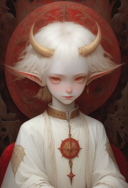 digital painting picture of skinny demon boy pale white skin golden blonde hair albino golden eyes white sclera ((no horns)) pointy ears smile in warm form fitting white silk clothes, sitting on a Demon Throne, near a fire pit, hyper detailed perfect hands, award winning on artstation.com,(intricate details, masterpiece, best quality:1.4), looking at viewer, dynamic pose, wide angle view, dense fog, Different shades of red and purple, embellished with fly decoration, art nouveau art, in the style of nicola samori, Intense gaze, Bright... ,Model, anthro, ink drawing, anatomical, Da_Vinci, vitruvian,  <lora:SDXL CHA Pale Demon:1> <lora:SDXL ST paint LaxpeintXL-2.0:0.4>