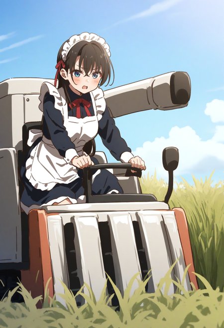 1girl,sincos, ningen mame, toosaka asagi,solo,medium breasts,20yo,maid,maid headdress,
combine harvester,ground vehicle,motor vehicle,grass,outdoors,day,sky,driving,sitting,field,<lora:combineharvester_XL_v1:0.7>
best quality, very aesthetic, absurdres