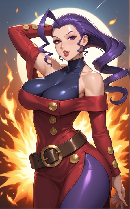 score_9, score_8_up, score_7_up, 1girl, arm behind head, explosion, fire, flame, pyrokinesis, looking at viewer, parted lips, magic, arm up,  <lora:PONYXL_StreetFighter_Rose_ownwaifu:1>, BREAK MainOutfit_Rose_ownwaifu, 1girl, hagoromo, hair slicked back, huge ahoge, long hair, purple eyes, purple hair, single hair intake, yellow scarf, bare shoulders, shoulder cutout, clothing cutout, halterneck, lips, large breasts, turtleneck, makeup, off shoulder, scarf, belt, off-shoulder dress, red dress, detached sleeves, lipstick, jewelry, pantyhose, nose, leotard, antenna hair, cleavage, loose belt, long sleeves, side slit, buttons, purple pantyhose, covered collarbone, sidelocks, asymmetrical hair, brown belt, impossible clothes, long dress, flipped hair, forehead, narrow waist, skin tight, belt buckle, sleeveless turtleneck, thick thighs,<lora:add-detail-xl:0.15>,