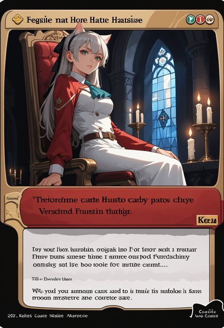 c4rd,english text,character name,
cat ears, cat tail,dark castle, from side, from below, looking at viewer, tilted head, sitting on throne, indoors, candlelight, 
zeroElie, black hairband, hair ribbon, long hair, ascot, uniform, long red sleeves, white dress, pencil skirt, belt, black pantyhose,green eyes,
score_9,score_8_up,score_7_up, source_anime,
 <lora:elie-pdxl-nvwls-v1:0.8>  <lora:MTG_card_v2:1>