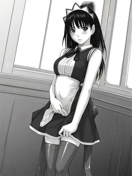 uncensored, score 9 up, score 8 up,
<lora:[Kisaragi Gunma] Mai Favorite Doujin Style PonyXL:1>,hetero, blush, thighhighs, maid, long hair, monochrome, greyscale,  1girl, standing, looking at viewer,