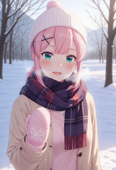 masterpiece, best quality, amazing quality, very awa, looking at viewer, 
 <lora:Chiyoda Momo v2:1> 1girl,
short hair, pink hair, ponytail, x hair ornament, green eyes, small breasts, 
snowfield, sweater, long skirt, outdoors, scarf, winter, smile, blush, upper body, abstract background, beanie, portrait, alternate costume, white background, looking at viewer, smile, mittens, blush, scarf, heavy breathing, open mouth, hat, winter clothes, pom pom \(clothes\)