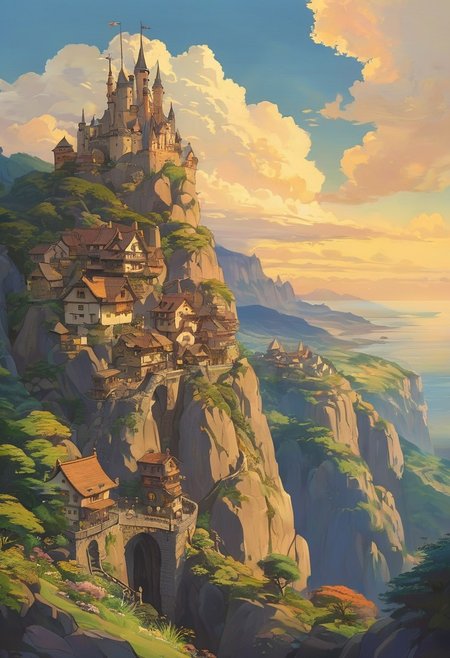(studio ghibli drawing), (studio ghibli painting),best quality, masterpiece, extremely detailed,  professional  art,  professional painting, an extremely delicate and beautiful, dynamic,  great lighting, perfect shading, professional shading, depth of field,   side soft light, elegant, gorgeous, highly detailed,   full shot, uncropped,   pure genious, absolutely perfect,  highly detailed, breathtaking,  a giant and sheer cliff face with a town built into it, lots of different dwellings, fantasy, sunset