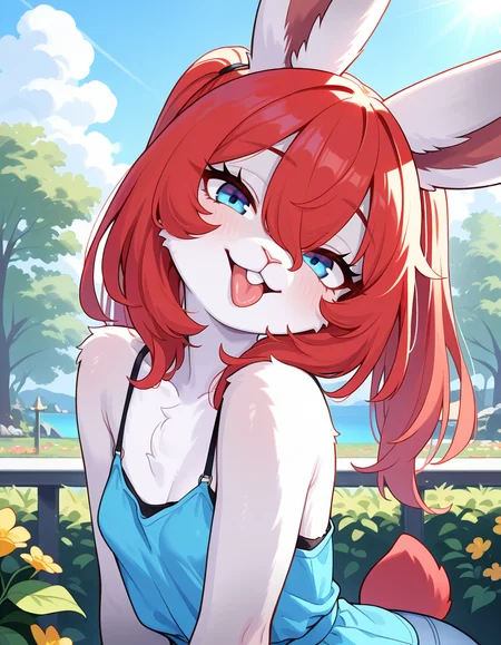 masterpiece, best quality, very aesthetic, absurdres,
outdoors,
headshot, tongue out, head tilt, 
casual, 
seductive smile, parted lips, long eyelashes,
<lora:Naili_v01_NAIXL:1>
Naili,1girl,solo,furry,furry female, rabbit girl, rabbit ears, red hair, twintails, bangs, hair between eyes, blue eyes, snout, animal nose, buck teeth, body fur, white fur, rabbit tail,