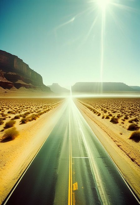 ()Hyoer Realistic:2.0)Polaroid picture of 
 image of a vast, desert interstate highway, stretching out to the horizon with multiple lanes of sleek, silver cars zipping by. The speed limit sign reads 99 MPH, and the road is flanked by towering, sandy dunes that glow golden in the sunlight.
(In the center of the view, a majestic mountain rises from the desert floor, its peak shrouded in mist. At the very top, a breathtaking waterfall cascades down the rocky face, creating a misty veil that rises into the air.:1.80) The contrast between the arid desert landscape and the lush, tropical oasis at the mountain's peak is striking.
Capture the sense of freedom and adventure that comes with driving down this futuristic highway, surrounded by the surreal beauty of the desert landscape.