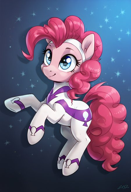 score_9,score_8_up,score_7_up,score_6_up,score_5_up,score_4_up,my little pony,((feral pony)),1girl,((solo)),(sexy),beautifully detailed,(detailed face of an unhappy pony)((detailed blue starry background:1.5)),((woman)),high angle,full body,<lora:My_Little_PonyMLP_G4_Pinkie_Pie_clothes:1>,pinkie pie,pony,The suit is white with purple zigzag stripes and rounded,covering the entire body with patterns in the form of zippers,
<lora:OtherStyle_01:1>,<lora:Wholesome_MLP-v1.0:1>,