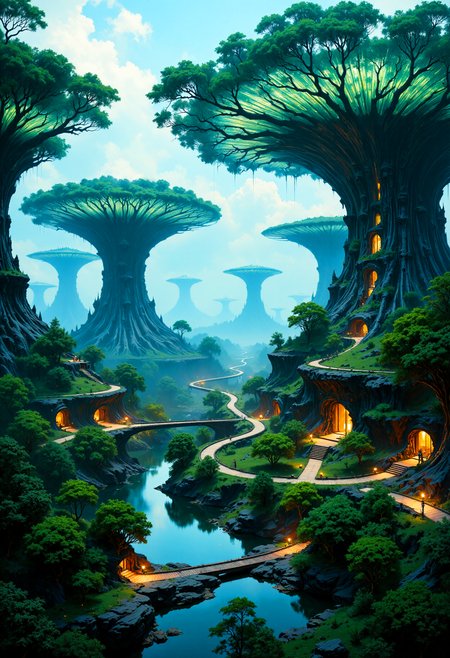 highest details, ultra hyper realism. highly detailed and realistic. intricate and highly professional artwork, an absolute masterpiece.
This is a high-quality photograph taken from an elevated angle, showcasing the futuristic and meticulously designed landscape of the Pandora - The World of Avatar theme park at Disney's Animal Kingdom in Orlando, Florida. The image features the park's iconic structures, known as the Valley of Mo'ara, with its lush greenery and bioluminescent elements. The central focus is on the towering, sleek, and organic-shaped tree-like structures with intricate light patterns, giving them a sci-fi aesthetic. The foreground includes a reflective water feature with green foliage and pathways that curve around the water, leading to various smaller structures and walkways. The lighting is soft, creating a serene and immersive atmosphere. The background reveals more of the park's layout with additional greenery and water elements, all bathed in gentle, ambient light. The overall aesthetic quality of the image is very high, capturing the beauty and detail of the themed environment with clarity and artistic precision.
<lora:articolorpaint_v01_epoch_13:0.75>  <lora:FredFraiStyle-FLUX-Share:0.7> FredFraiStyle, Knight, Armor, Warrior