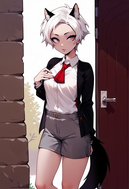 score_9, score_8_up, score_7_up, score_6_up, c1ca,1girl,adult,bare_legs, impossible_clothes, body_silhouette, adjusting clothes, eye_contact, perfect_breasts, lips parted, slim, short hair, pink eyes, white hair, animal ears, red piercing, black wolf tail,ruanyi1043, white shirt, red tie, grey shorts, fishnets, standing, cute_expression, outdoors,porch,doorway,