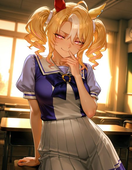 masterpiece, best quality, amazing quality, very aesthetic, high resolution, ultra-detailed, absurdres, newest, scenery, 
1girl, solo, umamusume, fusaichi pandora \(umamusme\), 
tracen school uniform, short sleeves, 
indoors, classroom, 
cowboy shot, smug, looking at viewer, <lora:fusaichipandoraillv1:0.8>, glowing, colorful, photorealistic, shiny_skin,dutch angle, <lora:arcain-2411:0.4>,, HDR,photo background,detailed eyes,detailed hands,detailed clothing,detailed shading,dim lighting,chiaroscuro,BREAK depth of field,masterpiece,best quality,amazing quality,very aesthetic,high resolution,ultra-detailed,absurdres,newest,scenery,volumetric lighting,