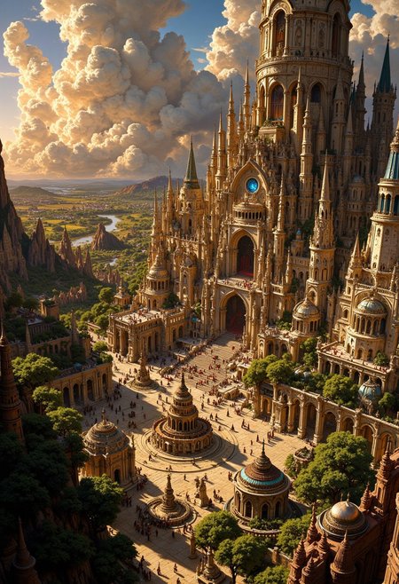 A sprawling, majestic fantasy city with intricately carved stone buildings, curved minarets, and grand, sweeping arches, set against a warm, golden backdrop of a perpetual sunset, with misty clouds drifting lazily across the sky, and a labyrinthine network of cobblestone streets and narrow alleyways winding through the city's bustling heart, where fantastical creatures, merchants, and adventurers mingle and go about their daily lives, surrounded by lush greenery, vibrant market stalls, and ornate fountains, with towering trees and majestic statues of mythical beasts standing sentinel over the city's majestic architecture.