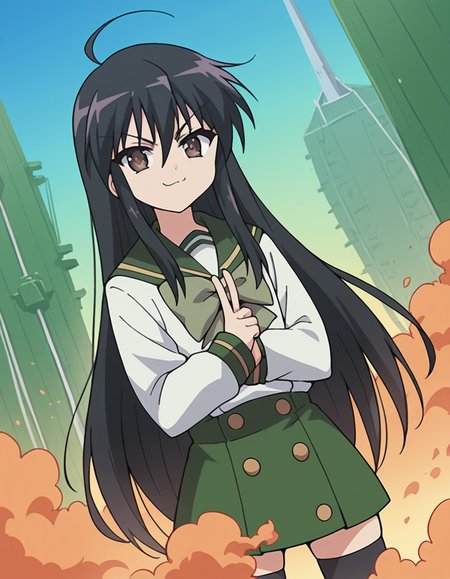 score_9, score_8_up, score_7_up, source_anime, <lora:shakugan-no-shana-s1-ponyxl-lora-nochekaiser:1>, shana, long hair, black hair, brown eyes, ahoge, sidelocks,, school uniform, serafuku, bowtie, green bowtie, white shirt, green sailor collar, long sleeves, green skirt, buttons, thighhighs,, power plant, machinery, smoke, energy, workers, , v, v over mouth, smug,, looking at viewer, solo,, dutch angle, cowboy shot