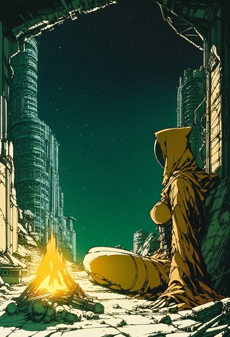 score_9, score_8_up, score_7_up,
aesthetic, 2d, 
solo, close-up, sideview, woman, breasts, hood,
1girl, campsite, campfire, night,
dramatic lighting, ornate,
Post apocalyptic, ruins, ruined city