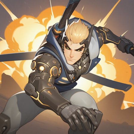 <lora:GENJI_GENOS:1>genji_genos, solo, looking at viewer, short hair, blonde hair, 1boy, gloves, holding, closed mouth, jacket, yellow eyes, male focus, weapon, pants, artist name, signature, sword, fingerless gloves, holding weapon, glowing, holding sword, facial mark, muscular male, blue jacket, katana, sheath, glowing eyes, colored sclera, white pants, fighting stance, black sclera, mechanical arms, scabbard, explosion, cyborg, sleeveless jacket, weapon on back, reverse grip, unsheathed, sword behind back, sleeveless, hood, vest, blue vest, tilted angle, motion blur, film grain, abstract, natural lighting, fantasy, cinematic, dynamic view, tilted angle,, very awa, masterpiece, best quality, absurdres, newest, perfect quality, detailed background, intricate details,  (artist:fl \(l-fl\):0.7), (artist:tooboshoo:0.7), (artist:dizdoodz:0.8)