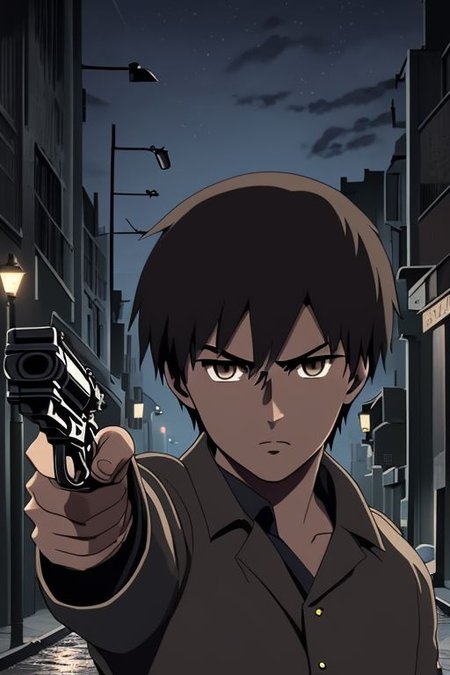 high resolution, solo, best quality, 1Boy, Takaki Toono, Brownish Hair, Brown Eyes, portraits, midnight, dim street lights, mysterious, threatening, gun, aiming the gun to the viewer, OverallDetail